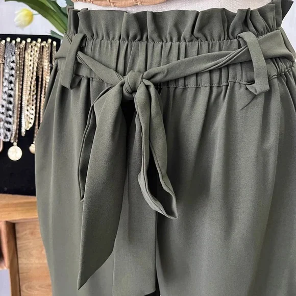 Olive Green High Waisted Paperbag Bow Trendy Cropped Trousers - Picture 3 of 4